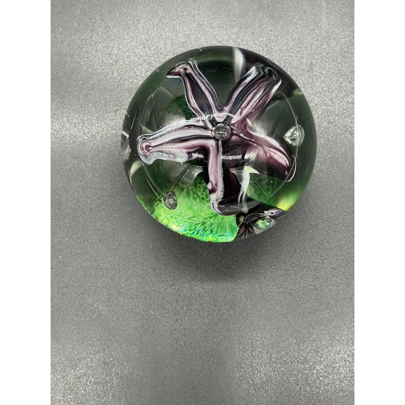 Adam Jablonski Paperweight Purple Flower Hand Blown Controlled Bubble Art Glass - Picture 3 of 7